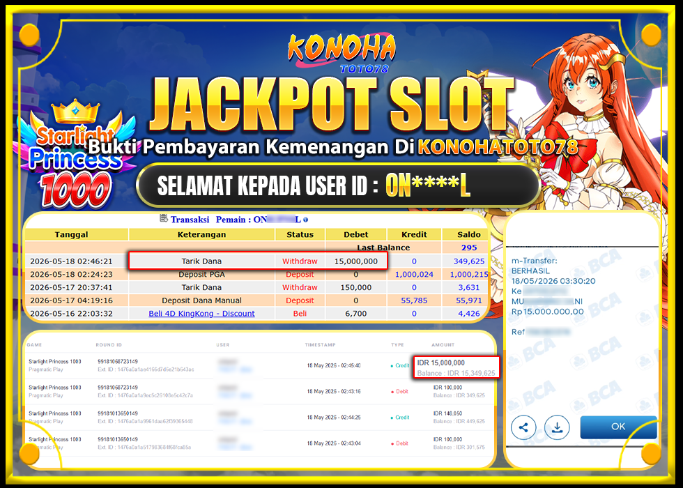 KONOHATOTO78 JACKPOT STARLIGHT PRINCESS 1000 Rp15.000.000,LUNAS
